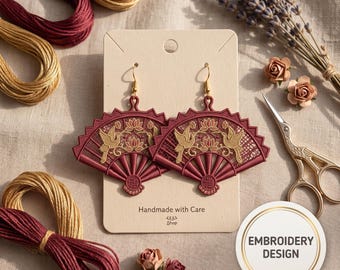 Chinese Fan Lace Embroidery Design | Oriental Doves, Lotus Pendant Earrings (Digital Download)