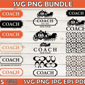 May include: A digital design bundle featuring fifteen black and orange graphic elements including the text COACH, horse-drawn carriage silhouettes, and repeating logo patterns. The collection includes various file formats for creative projects.