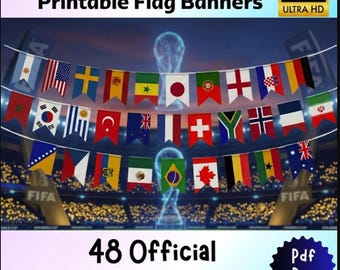 Fußball 2026 Flaggen Banner, 48 Länder Fußball Party Dekor (digitaler Download), WM druckbare Bunting Party Kulisse Sofort Download