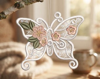 Floral Butterfly FSL Embroidery Design, Free Standing Lace Butterfly Ornament, Machine Embroidery File, Lace Butterfly Decor, 3.8 Inch