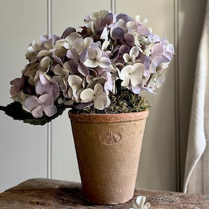 May include: A cluster of light purple and white hydrangea flowers arranged in a tall, tapered terracotta pot. The pot features a small oval stamp with the text "Great & Eye Potters 1878" on the front. Green moss covers the base of the flowers.