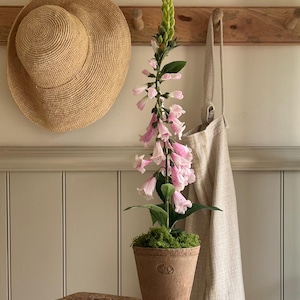 May include: A tall, artificial foxglove plant with light pink, bell-shaped flowers and green leaves, potted in a weathered terracotta clay pot filled with green moss. The plant features a long, slender stem with buds at the top and open blooms.