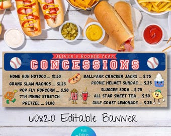 Könnte beinhalten: Baseball-Themen-Konzessionsbanner mit marineblauem Header mit der Aufschrift "Concessions". Das Banner listet Speisen wie Hotdogs, Nachos, Popcorn und Getränke auf. Das Banner ist 152x51 cm groß und in Canva bearbeitbar.