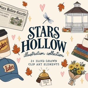 Può includere: Una collezione di illustrazioni digitali intitolata Stars Hollow con 24 elementi clip art disegnati a mano, tra cui un giornale, un gazebo, una tazza di caffè, un berretto, un campanello, libri, fiori gialli e foglie autunnali.
