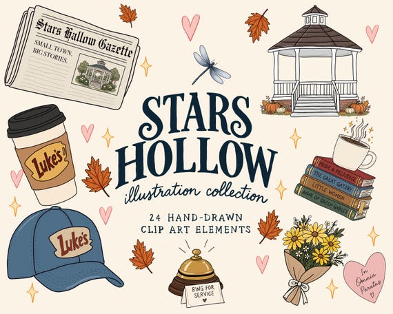 Cozy Fall Gilmore Clipart Bundle | Hand Drawn Clip Art | Autumn TV Inspired PNG | New England Town Digital Download