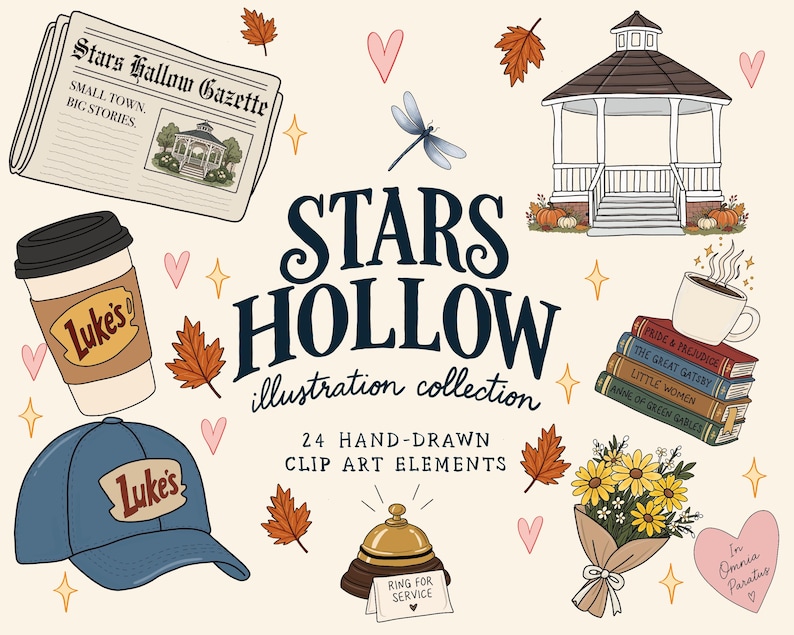 Puede incluir: Una colecci&oacute;n de ilustraciones digitales titulada Stars Hollow que presenta 24 elementos de arte predise&ntilde;ado dibujados a mano, incluyendo un peri&oacute;dico, cenador, taza de caf&eacute;, gorra, timbre, libros, flores amarillas y hojas de oto&ntilde;o.