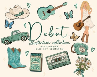Puede incluir: Una colección de ilustraciones titulada Debut que presenta elementos de arte prediseñado dibujados a mano, incluyendo un sombrero de vaquero, una guitarra verde azulada, mariposas, una persona con vestido blanco, un camión, botas y flores.