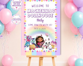 Puppenhaus Geburtstag Willkommensschild, Katzenparty Dekor (Digitale Datei)