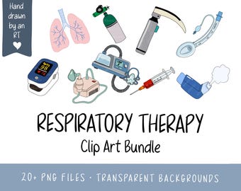 Puede incluir: Un conjunto de ilustraciones digitales sobre terapia respiratoria que incluye pulmones, tanque de oxígeno, laringoscopio, oxímetro, nebulizador, ventilador, jeringa e inhalador, con el texto RESPIRATORY THERAPY Clip Art Bundle.