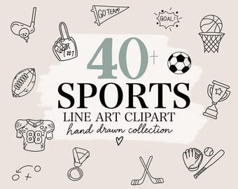 Puede incluir: Una colección digital de más de 40 imágenes prediseñadas de arte lineal deportivo con ilustraciones dibujadas a mano de un palo de golf, dedo de espuma, banderín, baloncesto, fútbol, trofeo, camiseta, medalla, palos de hockey, guante y bate.