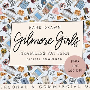 Peut inclure: Un motif sans couture bleu clair avec des illustrations dessinées à la main de crêpes, tasses à café, livres, kiosques, parts de pizza et fleurs. Le texte inclut "HAND DRAWN Gilmore Girls SEAMLESS PATTERN DIGITAL DOWNLOAD" et "PNG JPG 300 DPI".