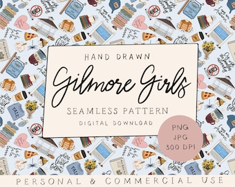Könnte beinhalten: Ein hellblaues nahtloses Muster mit handgezeichneten Illustrationen von Pfannkuchen, Kaffeetassen, Büchern, Pavillons, Pizzastücken und Blumen. Der Text umfasst "HAND DRAWN Gilmore Girls SEAMLESS PATTERN DIGITAL DOWNLOAD" und "PNG JPG 300 DPI".