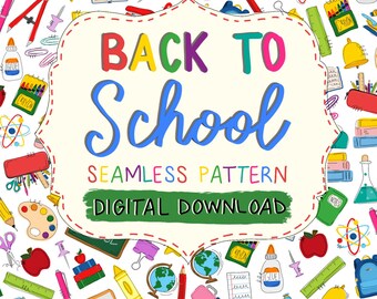 Könnte beinhalten: Ein nahtloses Muster mit bunten Schulsachen wie Taschenrechnern, Linealen, Globen, Büchern, Buntstiften, Kleber und Äpfeln. Der zentrale Text lautet BACK TO SCHOOL SEAMLESS PATTERN DIGITAL DOWNLOAD in einem dekorativen weißen Rahmen.