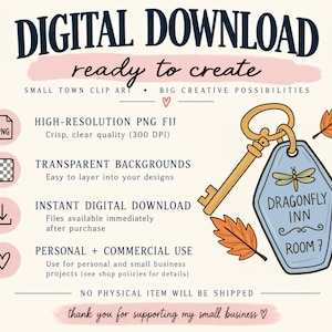 Puede incluir: Un gr&aacute;fico de descarga digital que presenta una llave dorada unida a un llavero azul estilo motel con la etiqueta Dragonfly Inn Room 7, acentuado por dos hojas de oto&ntilde;o naranjas. El texto incluye Digital Download y detalles de archivo.