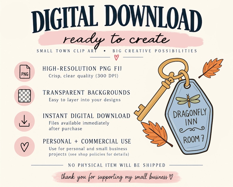 Puede incluir: Un gr&aacute;fico de descarga digital que presenta una llave dorada unida a un llavero azul estilo motel con la etiqueta Dragonfly Inn Room 7, acentuado por dos hojas de oto&ntilde;o naranjas. El texto incluye Digital Download y detalles de archivo.
