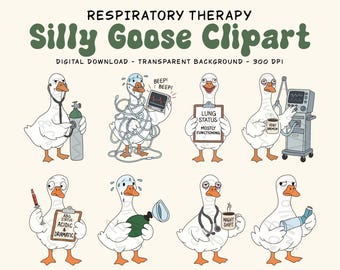 Puede incluir: Una colección digital de ocho gansos de dibujos animados en roles de terapia respiratoria, con equipo médico como estetoscopios, tanques de oxígeno, monitores y portapapeles con texto que incluye Lung Status Mostly Functioning y ABG Status Acidic & Dramatic.