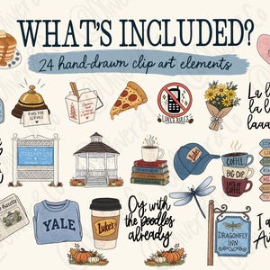 Puede incluir: Una colecci&oacute;n de 24 elementos de clip art dibujados a mano con iconos como una pila de panqueques, un llavero de dragonfly inn, una rebanada de pizza, un cenador, una pila de libros, una gorra azul, tazas de caf&eacute; y frases como "What's Included?" y "Where you lead I will follow."