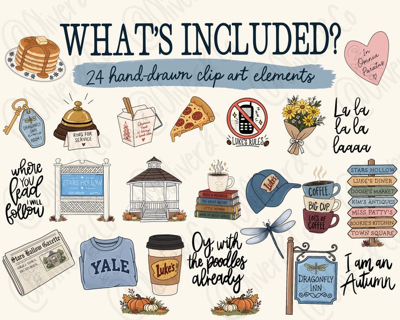 Puede incluir: Una colecci&oacute;n de 24 elementos de clip art dibujados a mano con iconos como una pila de panqueques, un llavero de dragonfly inn, una rebanada de pizza, un cenador, una pila de libros, una gorra azul, tazas de caf&eacute; y frases como "What's Included?" y "Where you lead I will follow."