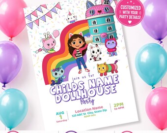 Könnte beinhalten: Eine rechteckige Einladungskarte mit einem Mädchen mit Katzenohren, einem Regenbogen, einem blauen Puppenhaus und verschiedenen Katzenfiguren. Der Text lautet: join us for CHILDS NAME DOLLHOUSE Party, AUG 1 Saturday, Location Name, 123 ABC St City, State Zip, RSVP Info, 2PM to 4PM. Ein rosa Abzeichen besagt: CUSTOMIZED WITH YOUR PARTY DETAILS!
