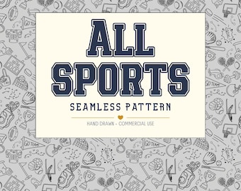 Könnte beinhalten: Ein nahtloses Muster mit handgezeichneten Sport-Symbolen in Schwarz auf hellgrauem Hintergrund. Der zentrierte Text lautet ALL SPORTS SEAMLESS PATTERN, HAND DRAWN, COMMERCIAL USE, mit einem kleinen Herz-Symbol zwischen den letzten Zeilen.