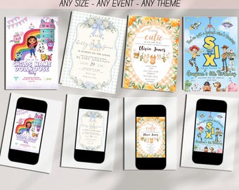 Könnte beinhalten: Eine Auswahl an individuellen Einladungsdesigns, darunter Themen für Kindergeburtstage und Babypartys. Die Einladungen werden als gedruckte Karten und auf Smartphone-Bildschirmen gezeigt. Text enthält "Custom Invitation Order" und "Any Size - Any Event - Any Theme."