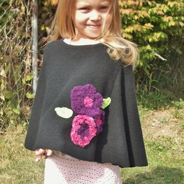 Clearance Girls Wool Poncho with Crocheted Floral Detail Up-cycled Fall/Winter