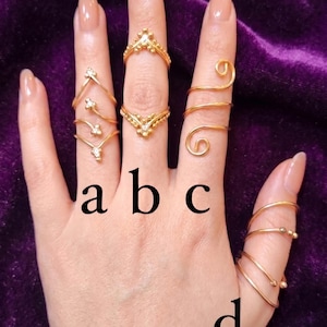 Könnte beinhalten: Eine Sammlung goldfarbener Ringe, die mit den Buchstaben a, b, c und d gekennzeichnet sind. Ring a hat ein Chevron-Design mit kleinen Kugeln. Ring b ist ein Chevron-Band mit einem zentralen Stein. Ring c ist eine Spirale. Ring d ist ein mehrfach gewickelter Ring.