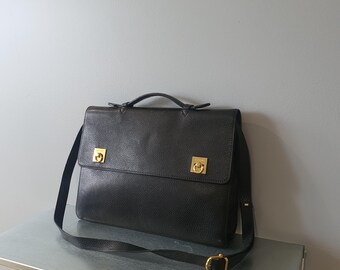 Authentic Vintage CELINE Black Grained Leather Briefcase / Shoulder Bag