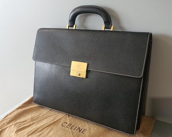 Vintage CELINE Black Grained Leather Briefcase