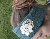 Hand knitted woolen headband - ear warmers - hand felted flower - made in Ireland = green - white - black