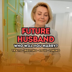 Può includere: Una persona con capelli biondi indossa un blazer azzurro e tiene in mano un mazzo di carte. Il testo sovrapposto recita: FUTURE HUSBAND WHO WILL YOU MARRY? TRAITS • MEETING • LOVE • TIMING. Lo sfondo presenta una porta verde con finiture dorate.