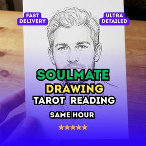 May include: A pencil sketch portrait of a man with the text "SOULMATE DRAWING TAROT READING SAME HOUR". The image has a purple and blue gradient border with the words "FAST DELIVERY" and "ULTRA DETAILED".