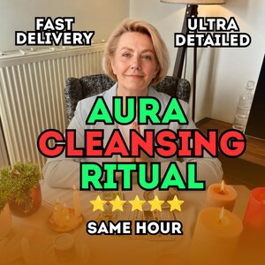 May include: A person with blonde hair wearing a light blue blazer, positioned behind a table with candles and tarot cards. Text overlays read FAST DELIVERY, ULTRA DETAILED, AURA CLEANSING RITUAL, and SAME HOUR, with five yellow stars displayed below.