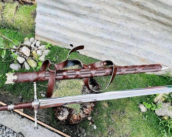 Espada larga de acero al carbono hecha a mano – 42" con empuñadura de cuero y madera de palisandro, pieza decorativa de colección.
