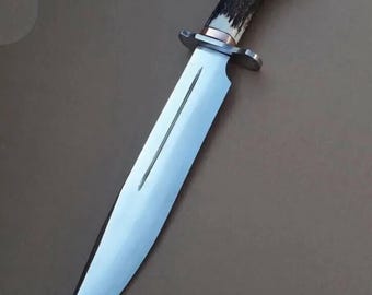 Cuchillo Bowie hecho a mano: hoja de acero de alto carbono con mango de asta de ciervo, cuchillo rústico de caza y de colección.
