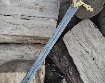 Handmade Damascus-Style Sword – 36" Overall, Silver Handle, Leather Sheath Included