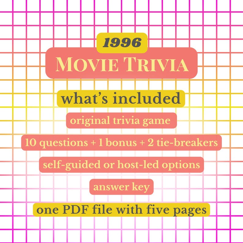 1996 Movie Trivia Game | Printable Party Quiz for 30th Birthday ...