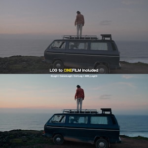 May include: A dark blue van with a roof rack is parked on a cliff overlooking the ocean. A person stands on the roof of the van. The text "LOG to CINEFILM included" is visible. The sky is a mix of orange and blue.