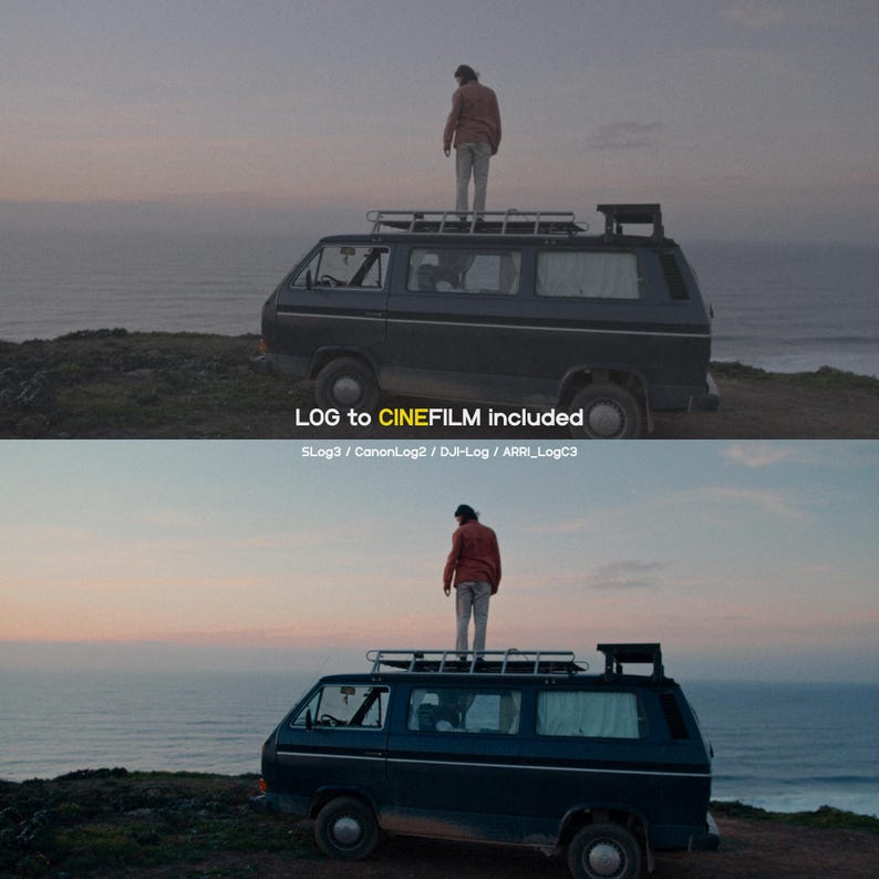 May include: A dark blue van with a roof rack is parked on a cliff overlooking the ocean. A person stands on the roof of the van. The text "LOG to CINEFILM included" is visible. The sky is a mix of orange and blue.