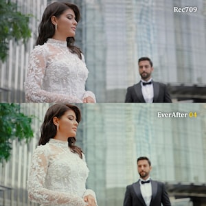 May include: A bride in a white lace wedding dress with a high neckline and long sleeves stands in front of a modern building. A man in a black tuxedo with a bow tie is in the background. The image has a Rec709 and EverAfter 04 filter.