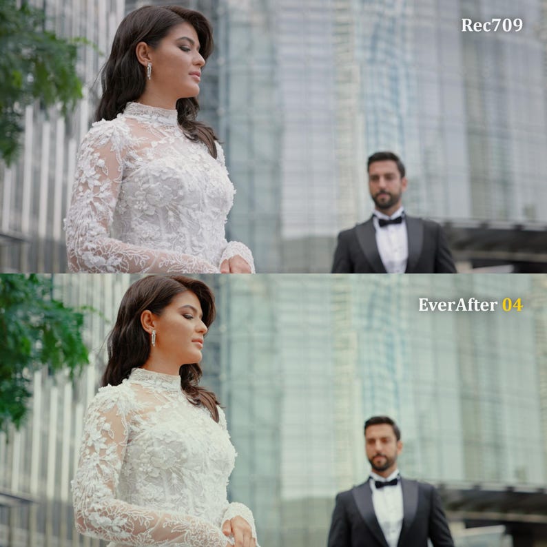 May include: A bride in a white lace wedding dress with a high neckline and long sleeves stands in front of a modern building. A man in a black tuxedo with a bow tie is in the background. The image has a Rec709 and EverAfter 04 filter.