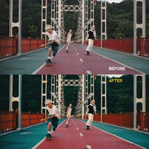 May include: A bridge scene with three people skateboarding. The bridge has a red and green surface with white lines. The text "BEFORE" and "AFTER" are visible. The skaters are wearing casual clothing.