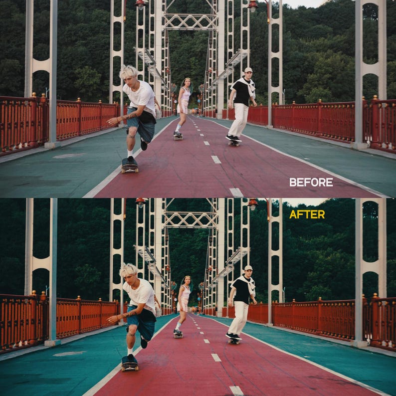 May include: A bridge scene with three people skateboarding. The bridge has a red and green surface with white lines. The text "BEFORE" and "AFTER" are visible. The skaters are wearing casual clothing.