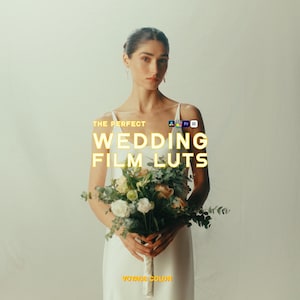 May include: A woman in a white dress holds a bouquet of flowers. The text "THE PERFECT WEDDING FILM LUTS" is displayed in yellow. The text "VOYAGE COLOR" is also displayed in yellow.