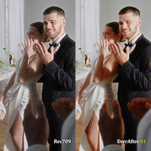 May include: A couple at a wedding celebration. The woman wears a white dress with a high slit, and the man wears a black suit with a bow tie. The image has the text "Rec709" and "EverAfter 01".
