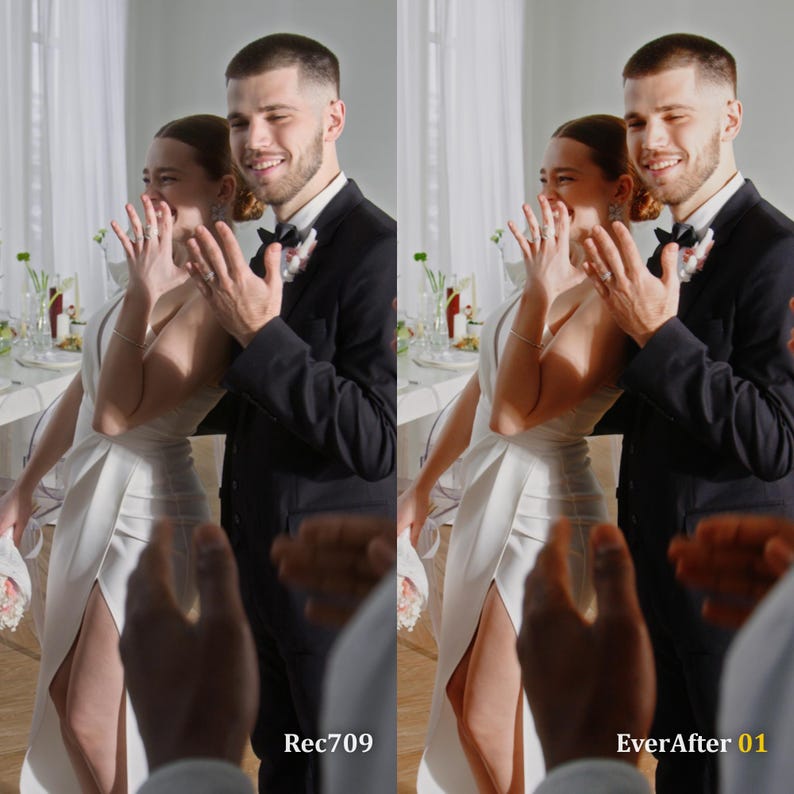 May include: A couple at a wedding celebration. The woman wears a white dress with a high slit, and the man wears a black suit with a bow tie. The image has the text "Rec709" and "EverAfter 01".