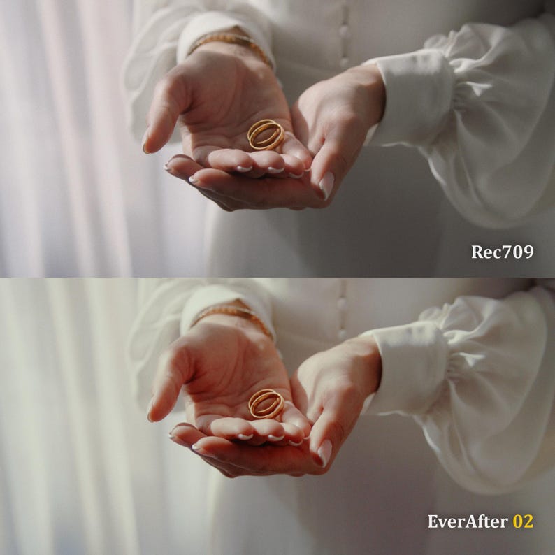 May include: Two gold wedding rings rest in open hands, with a white dress and bracelet visible. The image has the text "Rec709" and "EverAfter 02" in the bottom right corner.