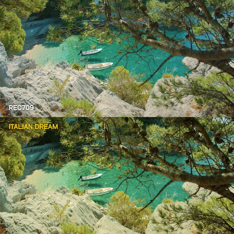 May include: Aerial view of a turquoise bay with small boats, surrounded by rocky cliffs and lush green trees. The text "REC709" and "ITALIAN DREAM" are visible in the image.
