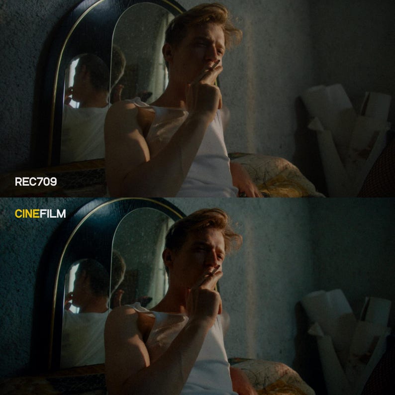 May include: A man in a white tank top sits pensively, holding a cigarette. The image is split, with "REC709" and "CINEFILM" text at the top and bottom. A mirror and a dark-framed vanity are in the background.