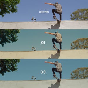 May include: Three images of a skateboarder performing a trick in a skate park. The top image has the text "REC709". The second image has the number "01". The third image has the number "03". The background is a clear blue sky.